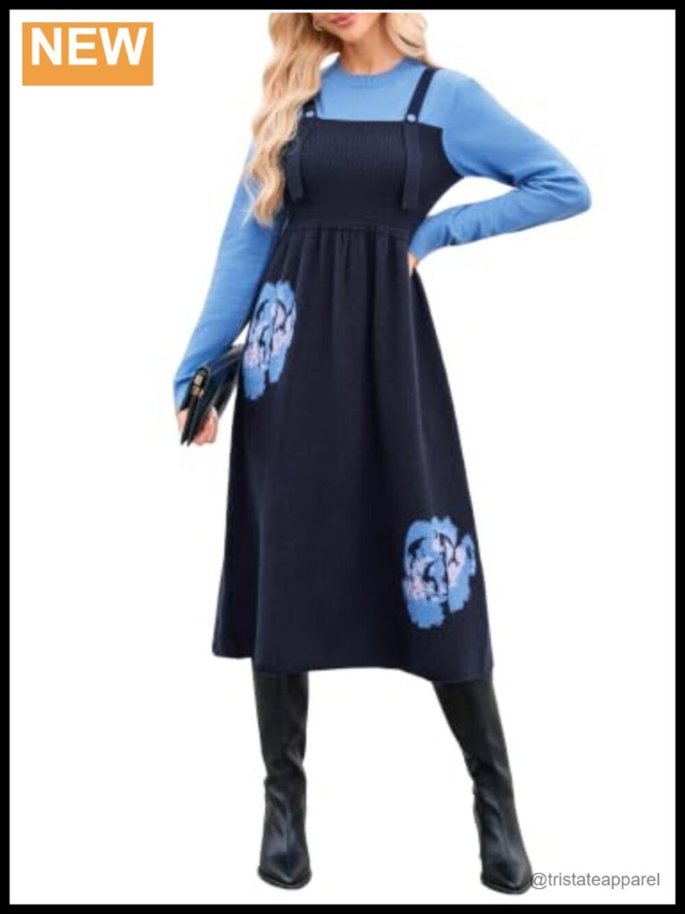 Women's Floral Jacquard Knit Overall Dress Midi Pinafore Sweater